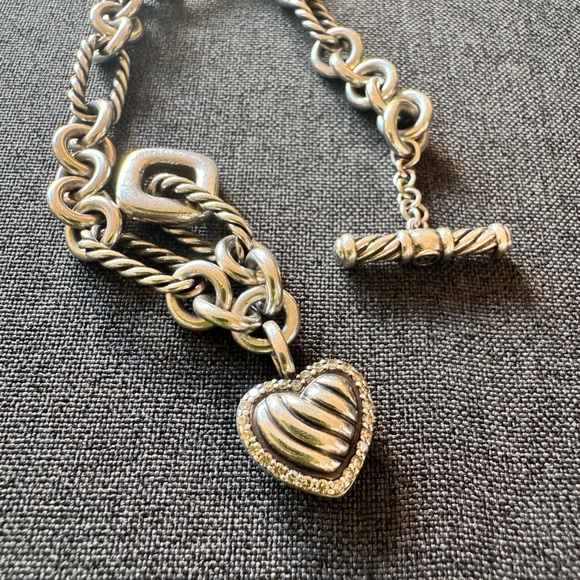 David Yurman Diamond Studded Heart Charm Sterling Silver Bracelet - Picture 2 of 10